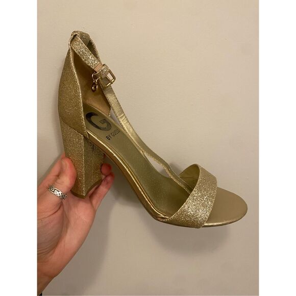 G by Guess Shantel Two-Piece Sandals Glitter Gold Pumps Size 6.5 - Picture 2 of 13